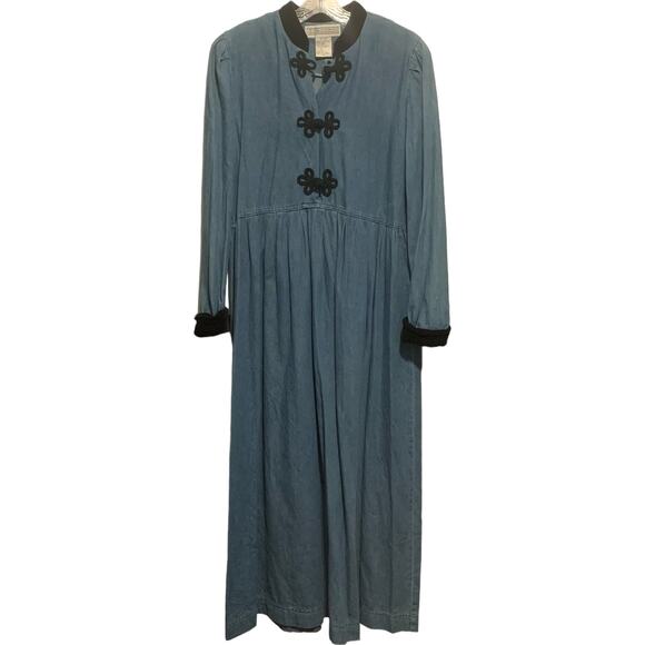 JESSICA HOWARD Size 10 Dress Long Denim Velvet Collar Black Frog Closure Modest - Picture 1 of 7